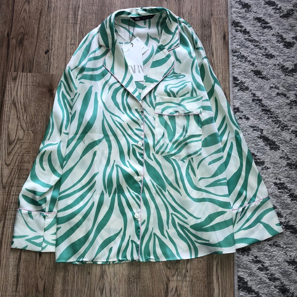 NEW!!! Zara Green&Cream Zebra Print Pajama Top - Picture 5 of 8